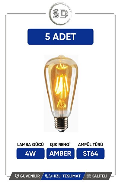 Yükseliş Led Lamp St64 Flamanlı Rustik 4w Led Ampul 5'li Dekoratif Vintage Aydınlatma Amber Rengi