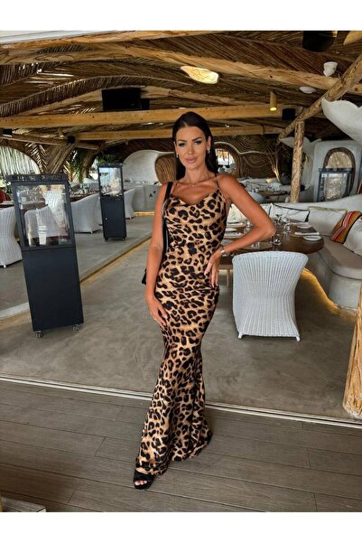 rukh Leopar Desenli İp Askılı Uzun Elbise