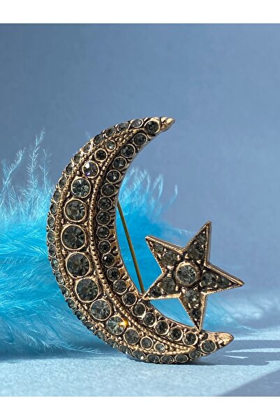 tasarımhikayecisi Kalın Ay Yıldız Broş Black Diamond