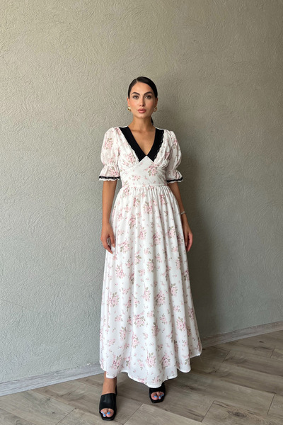 Seda Yalçın Atelier Φόρεμα με ελαστικό μανίκι με λευκό λουλουδάτο σχέδιο Carina