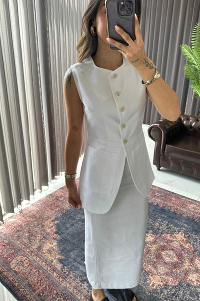 My Blog 100% Linen White Slit Pencil and Skirt Set