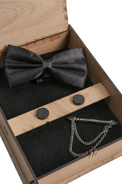 BAYEFENDİ Black Bow Tie Honeycomb Cufflinks and Patterned Arrow Collar Pin Gift Set - Wooden Box