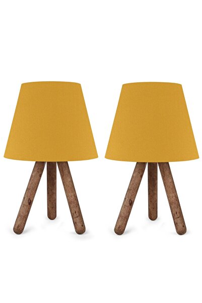 HOMİNG Sarı Ahşap Üç Ayaklı 2li Abajur Seti