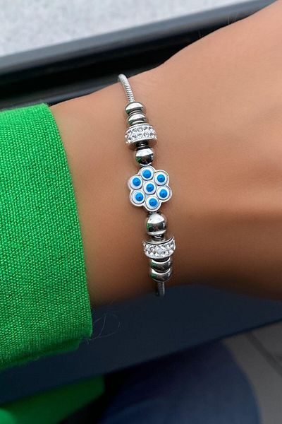 TAKIŞTIR Silver Color Flower Figured Steel Bracelet