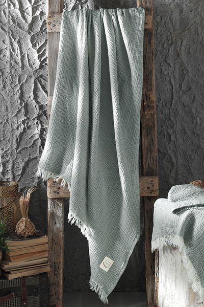 Miespiga Water Green Gold Muslin Peshtemal - 3 Layer Beach Towel 125x190