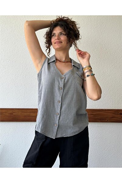 ByEnBi Gray Cotton Linen Vest - Collar Pocket