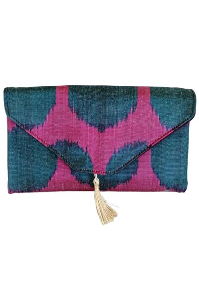 ByEnBi El Çantası Elde Dokuma Ikat Desenli Fuşya Petrol Yeşili Renk %100 Ipek...