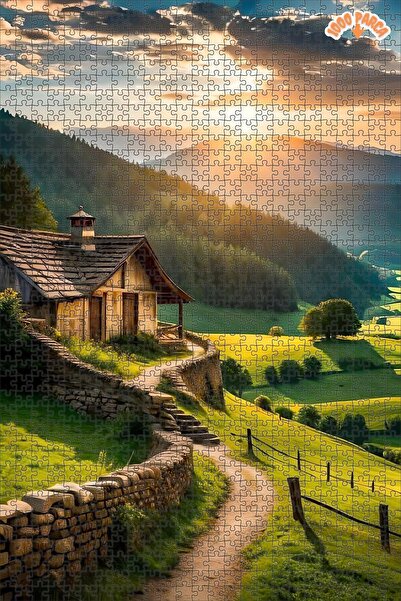 Teona Ahşap Günbatımında Dağ Evi Yolu Dekoratif Çift Katlı Çerçeveli Asılabil...