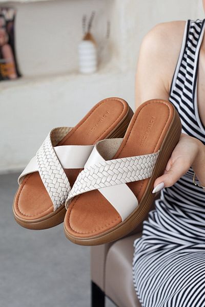 Adım Adım Genuine Leather Women's Slippers - Cross Belt