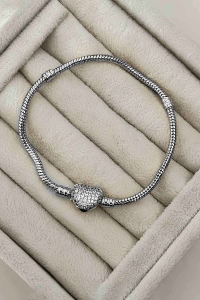 The Collection Zircon Stone Heart Patterned Steel Bracelet