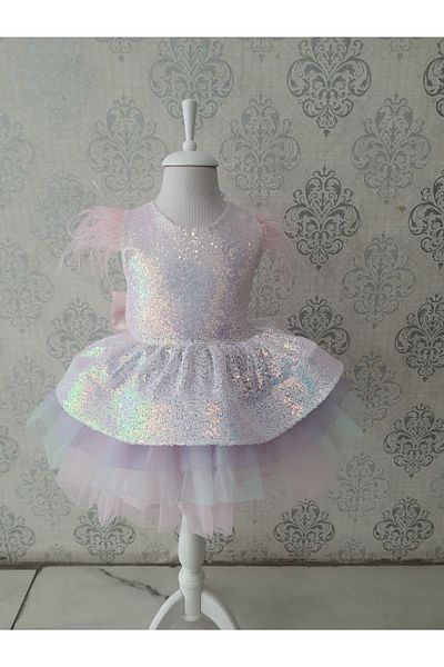 Kidstore Rochie roz pentru copii cu paiete și detaliu cu pene pe umeri
