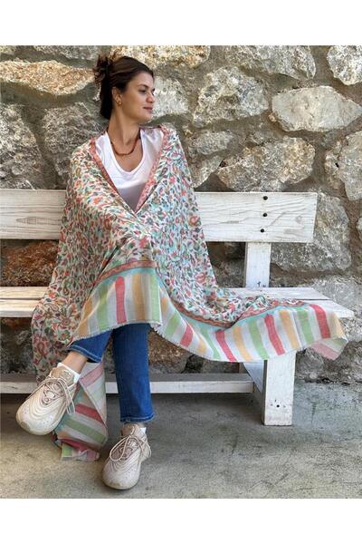 ByEnBi Renkli Baskılı Cashmere Şal 100x200 Cm Pembe Turuncu Yeşil Beyaz
