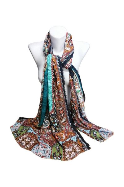 ByEnBi Suzani Patterned Shawl Black Green Blue 100% Viscon 70x190 Cm