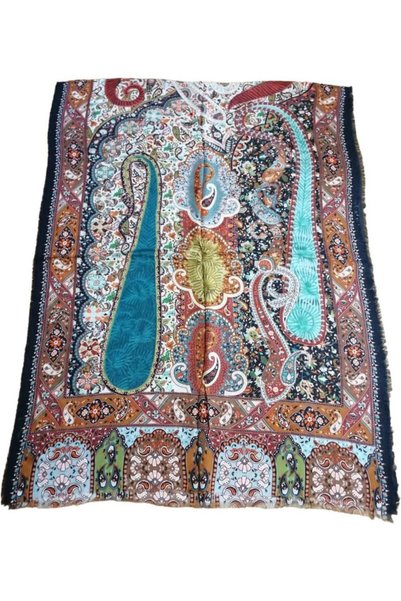 ByEnBi شال سوزاني منقوش أسود أخضر أزرق 100% فيسكون 70x190 سم