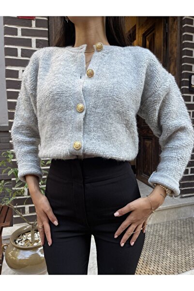 Puella Γυναικεία ανοιχτό γκρι λαιμόκοψη με χρυσά κουμπιά Teddy βελούδινη μαλακή πλεκτή ζακέτα