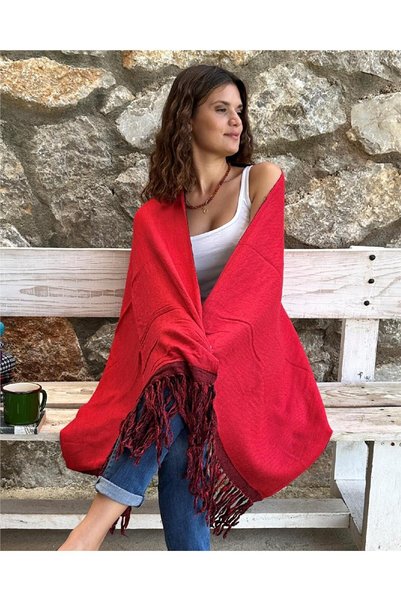 ByEnBi Merinos Yün Şal Kırmızı Siyah Tek Ebat 2 Renk Çift Taraflı Püsküllü
