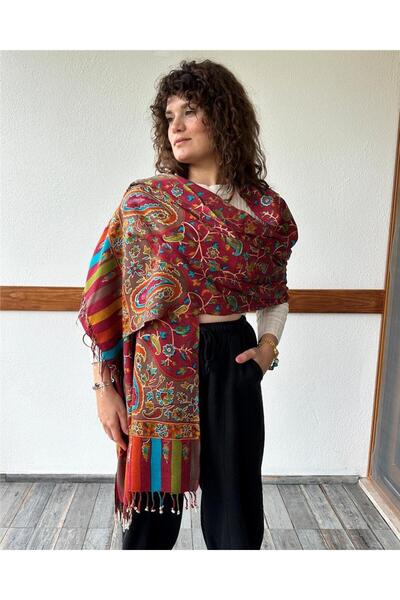 ByEnBi Burgundy Suzani Embroidered Wool Shawl - 70x205 Cm