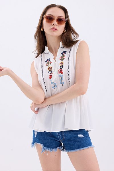 MD trend Κεντημένη μουσελίνα γυναικεία μπλούζα - φούστα με φούστα, γιακάς