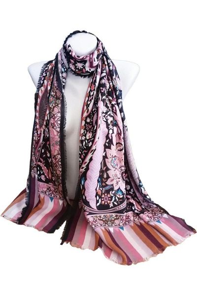 ByEnBi Indian Patterned Shawl Black Pink Brown 100% Viscon 70x190 Cm