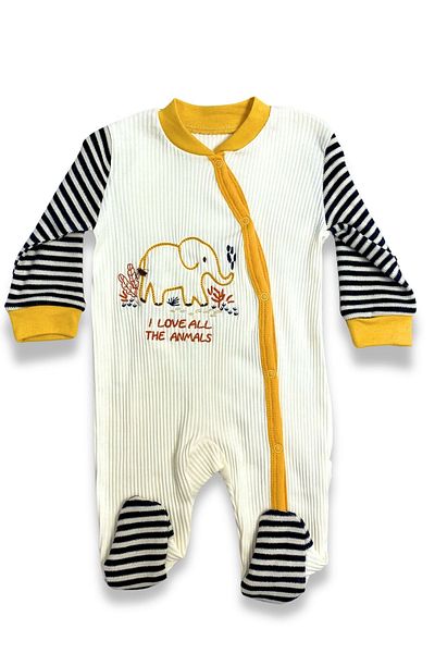 ADABEBEK Elephant Themed Striped Ribbed Jumpsuit for Baby Boy