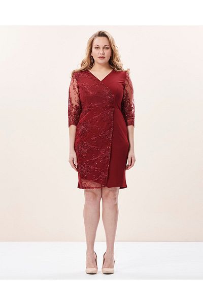 EVEN plus size Sequin Embroidered Lace Double Breasted Collar Burgundy Plus Size Evening Dress