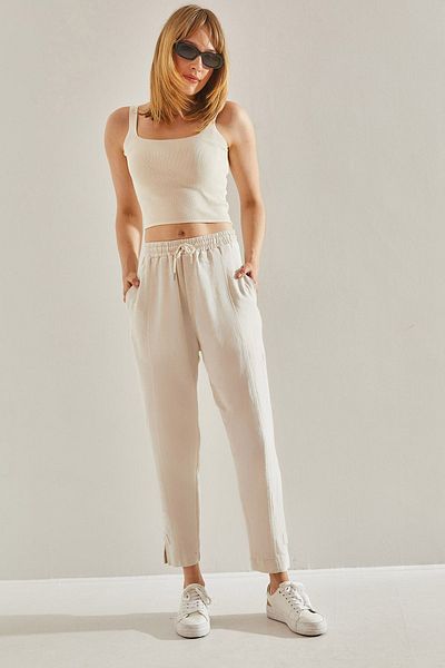 Bianco Lucci Ecru Linen Shalwar Trousers - Leg Detail, Elastic Waist and Pocket60251017