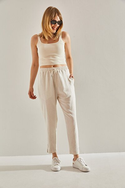 Bianco Lucci Ecru Linen Shalwar Trousers - Leg Detail, Elastic Waist and Pocket60251017