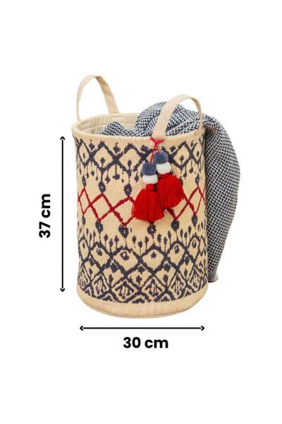 Flosoft Kilim Yuvarlak Sepet, Dekoratif El çantası, Plaj Çantası Oyuncak Çamaşır Sepeti 37x30 cm