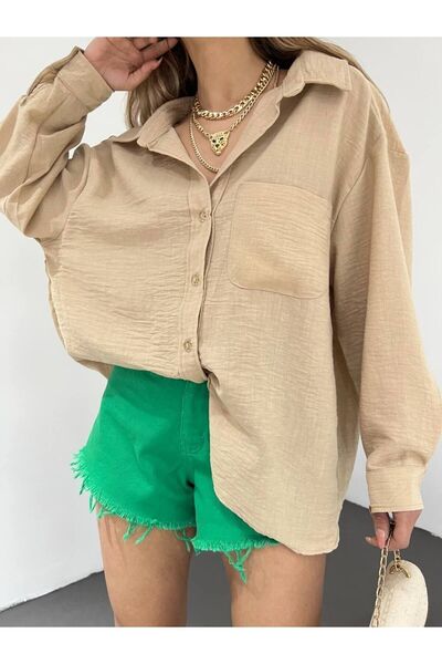 BİKELİFE Női bézs egyzsebű, túlméretezett lenvászon ing