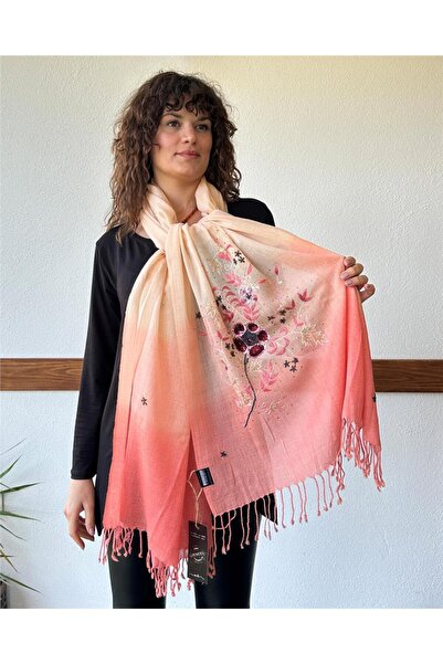 ByEnBi Boncuk Işlemeli Somon Kaşmir Şal Tek Ebat