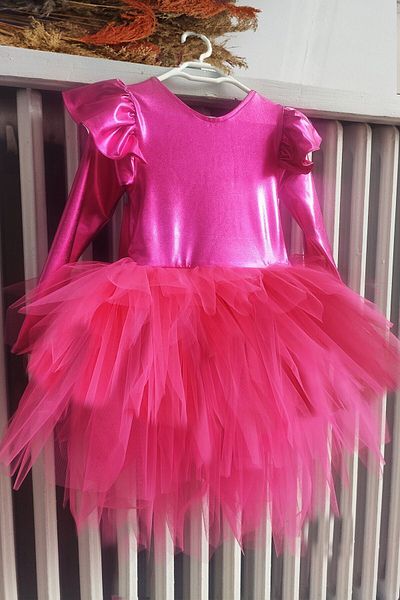 Shecco Babba Fuchsia Girl's Tutu Dress - Long Sleeve and Bow, Bandana for Birthday