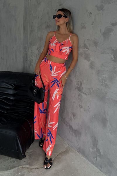 Ded COLLECTION Set de pantaloni și top de damă cu model floral de vară - țesătură înfășurată cu cravată