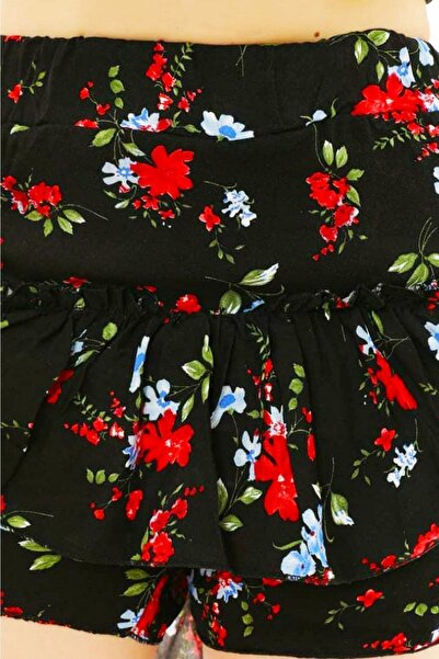 asur boutique Kadın Siyah Renk Çiçekli Desenli Şortlu Etek