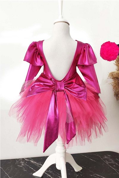 Shecco Babba Fuchsia Girl's Tutu Dress - Long Sleeve and Bow, Bandana for Birthday