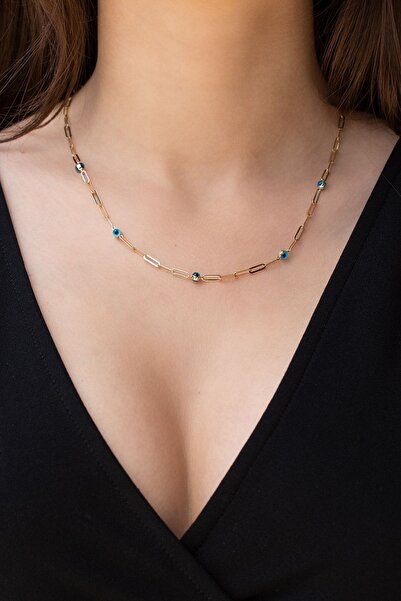 Cenova Jewelry 14 Ayar Altın Ataç Zincirli Göz Nazar Boncuklu Kadın Kolye