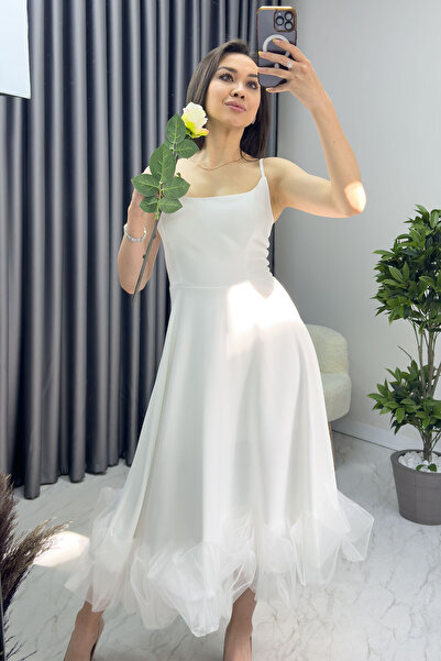 Elbise Delisi Kadın Beyaz Kloş Etek Ucu Tül Detay Midi Abiye Elbise Siyah,Beyaz