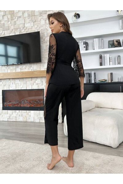 AURA Δαντελένια μανίκια και τούλι στο πλάι σε μαύρο γυναικείο σετ πιτζάμες - Ness με δέσιμο στη μέση