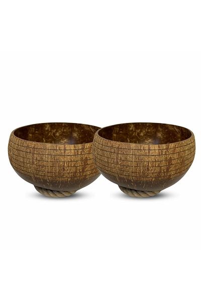 Coconut Products 2-Piece Jumbo Carved Design Coconut Bowl - Coconut Bowl and Oat Bowl Set