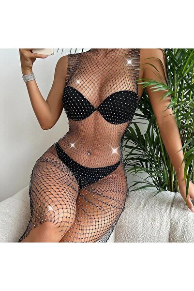 Mistik Shine Pareo Trend Kristal Taşlı File Elbise-crop Moda Elbise Plaj Elbi...