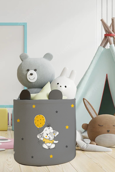 Talia Home Organizator pentru cameră pentru copii și bebeluși cu model de balon gri și elefant - Coș pentru jucării și obiecte murdare TLAS-122