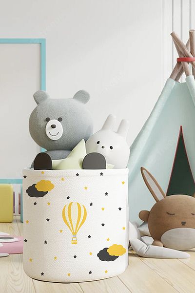 Talia Home Yellow Children's and Baby's Room Organizer with Flying Balloon Pattern - Toy and Dirty Basket Tlas-127