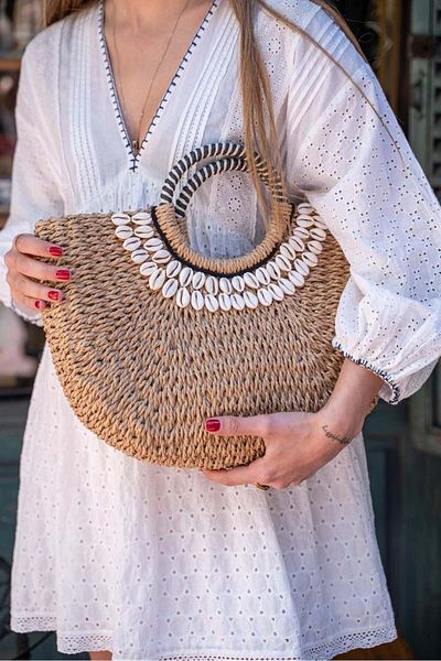 FASHION COCKTAIL Bohemian Medium Size Straw Bag - Hard Knitted, Half Moon Seashell, Handle Strap and Drawstring