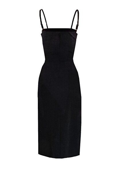 Due Stelle Kadın Siyah Önden Yırtmaçlı Likralı Parti Dans Tango Elbisesi - Iç Göstermeyen