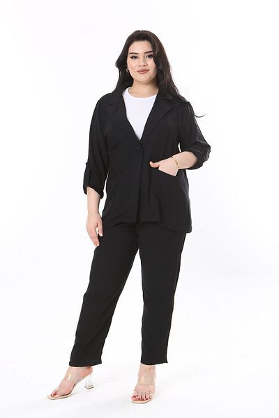 Şans Set jachetă neagră mărime plus și pantaloni cu talie elastică - 65N37950