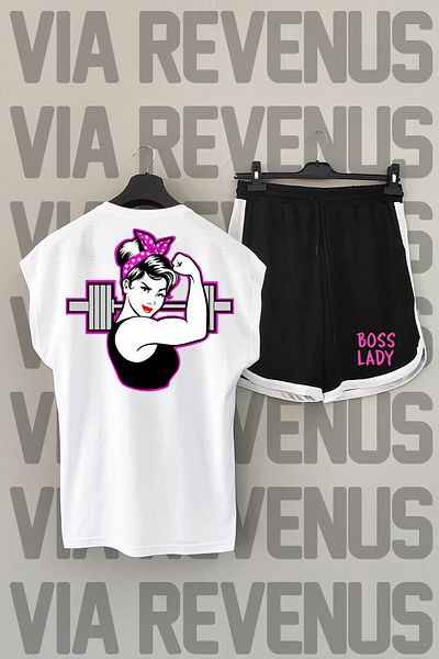 Vordevia Muscle Girl - Crew Neck Λευκό και Μαύρο Σετ αθλητικό μπλουζάκι και σορτς