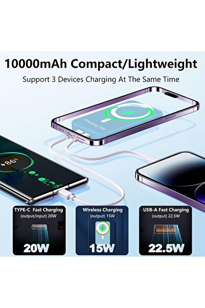 teknosepetim 10000 MAH Magsafe Kablosuz Powerbank Taşınabilir Batarya 22.5 W iphone ve Type-c Kablolu