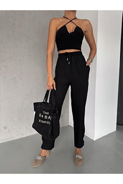 KAŞİHA Comfortable Women's Trousers with High Waist and Linen Leg Detail - Black