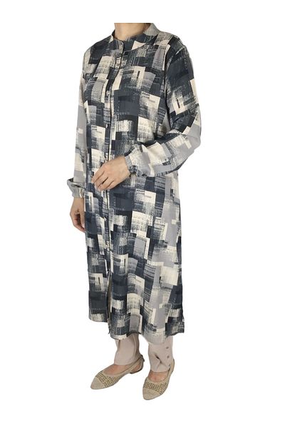ECE GİYİM Patterned Chiffon Crepe Tunic Shirt - Buttoned and Elastic Sleeves