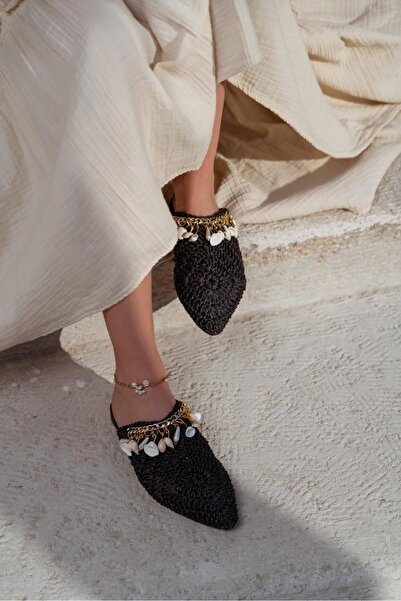 NİŞANTAŞI SHOES Γυναικείες παντόφλες Lisa Μαύρες Πλεκτές Θαλασσινές Λεπτομερείς Γυναικείες Παντόφλες