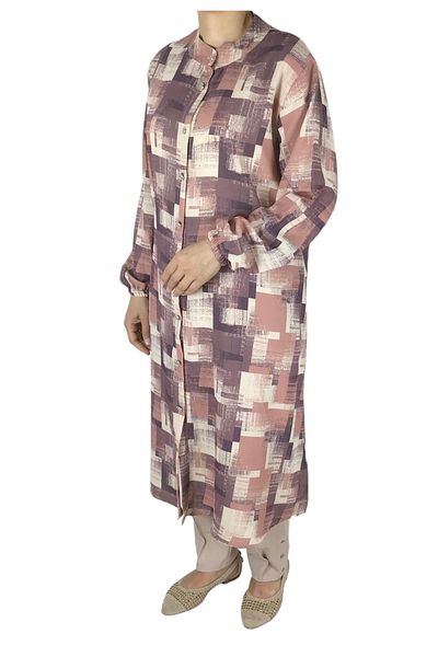 ECE GİYİM Patterned Chiffon Crepe Tunic Shirt - Buttoned and Elastic Sleeves
